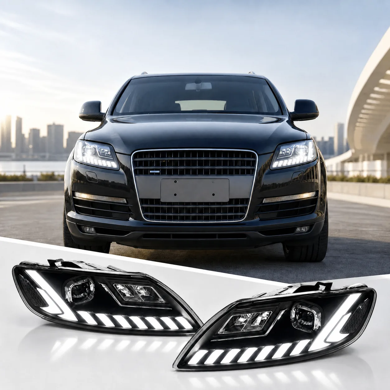 Audi Q7 with installed white LED headlights and matching assembly pair.